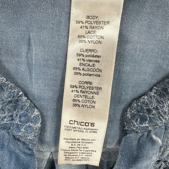 Chicos Blouse Womens 1 (MEDIUM) Chambray Lace Button Up Top Blue - Picture 11 of 14
